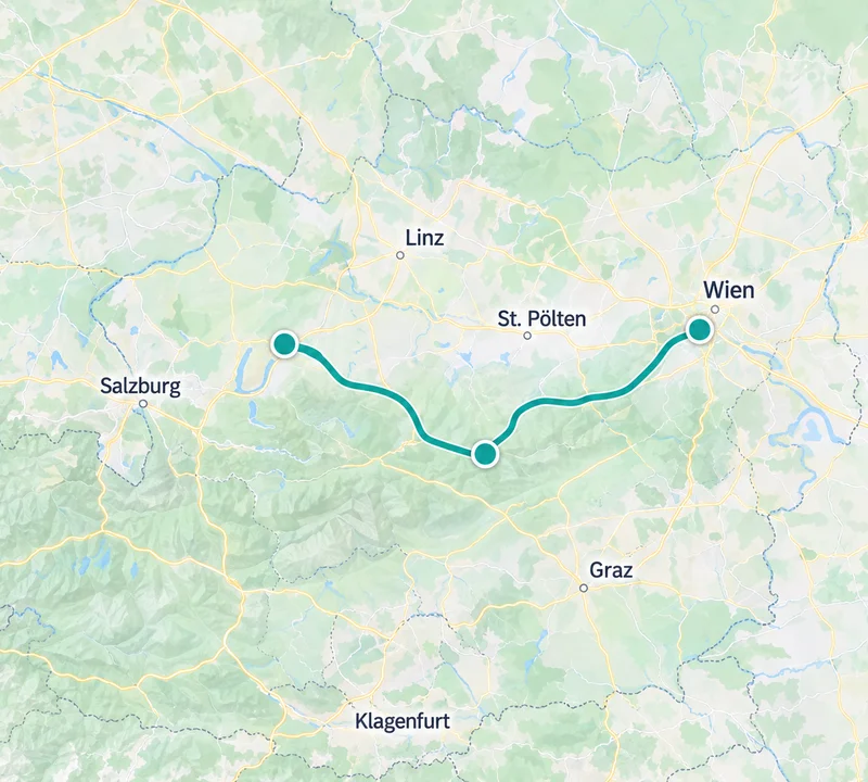 Illustrative Österreich-Karte mit einer beispielhaften Route, keine echten Fahrzeugpositionen